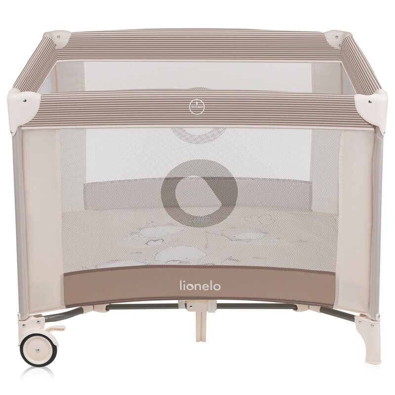 Tarc de joaca copii, Lionelo, Bonnie, Pana la 15 kg, 100 x 100 cm, Pliere compacta, Include geanta de transport, Din plasa, Cu intrare laterala cu fermoar, Cu roti, Cu salteluta din spuma, Conform cu EN12227, Bej