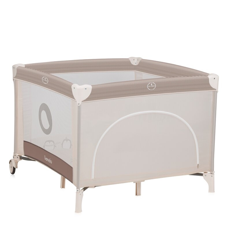 Tarc de joaca copii, Lionelo, Bonnie, Pana la 15 kg, 100 x 100 cm, Pliere compacta, Include geanta de transport, Din plasa, Cu intrare laterala cu fermoar, Cu roti, Cu salteluta din spuma, Conform cu EN12227, Bej