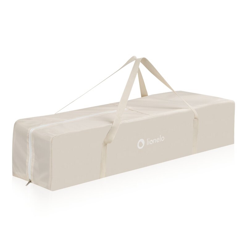 Tarc de joaca copii, Lionelo, Bonnie, Pana la 15 kg, 100 x 100 cm, Pliere compacta, Include geanta de transport, Din plasa, Cu intrare laterala cu fermoar, Cu roti, Cu salteluta din spuma, Conform cu EN12227, Bej