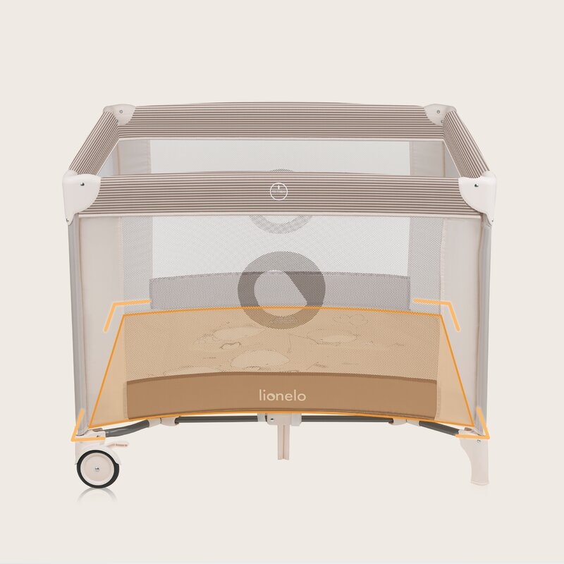 Tarc de joaca copii, Lionelo, Bonnie, Pana la 15 kg, 100 x 100 cm, Pliere compacta, Include geanta de transport, Din plasa, Cu intrare laterala cu fermoar, Cu roti, Cu salteluta din spuma, Conform cu EN12227, Bej