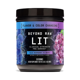 Formula pre-workout cu aroma de zmeura albastra si strugure Beyond Raw Lit, 468 g, GNC
