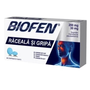 Biofen raceala si gripa 200 mg/30 mg, 20 comprimate filmate, Biofarm