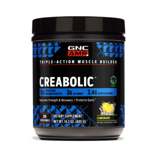 Formula premium de creatina monohidrata cu aroma de limonada, hmb, peptistrong pentru forta si masa musculara AMP Creabolic, 405 g, GNC