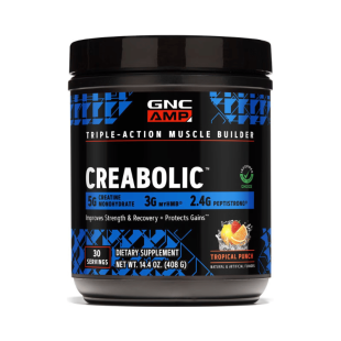 Formula premium de creatina monohidrata cu aroma de fructe tropicale, hmb, peptistrong pentru forta si masa musculara AMP Creabolic, 408 g, GNC