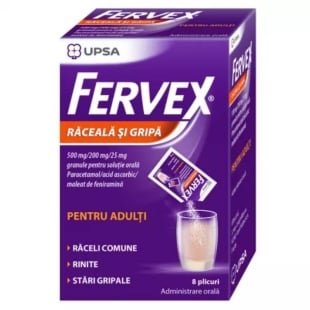 Fervex Raceala si Gripa pentru adulti, 500mg/200mg/25mg, 8 plicuri, UPSA