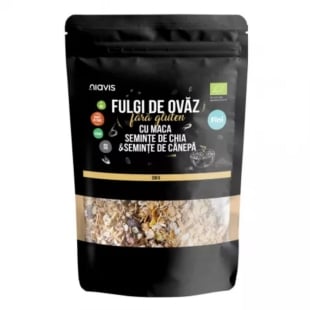 Fulgi de ovaz fini fara gluten cu maca, seminte de chia si seminte de canepa, 200 g, Niavis