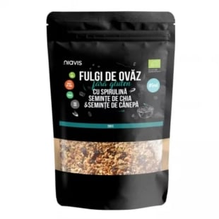Fulgi de ovaz fini fara gluten cu spirulina, chia si seminte de canepa, 200 g, Niavis