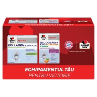 Pachet Kollagen 11.000 Plus System, 30 flacoane + Glucozamina 1000 + Curcuma Vegan System, 60 comprimate, Doppelherz