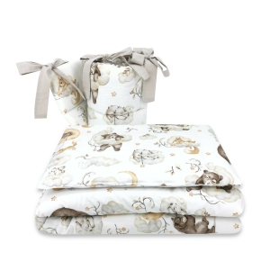 Lenjerie patut 3 piese, Cu protectie laterala, Din bumbac certificat Oeko Tex Standard 100, Pentru patut 120x60 cm, Teddy Bear and Friends Beige, Qmini