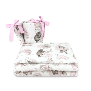 Qmini - Lenjerie patut 3 piese, Cu protectie laterala, Din bumbac certificat Oeko Tex Standard 100, Pentru patut 120x60 cm, Teddy Bear and Friends Pink