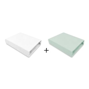 Qmini - Set 2 cearceafuri cu elastic pentru patut leagan sau patut co-sleeper, 90x50 cm, Din bumbac, Material certificat Oeko Tex Standard 100, White and Cold Mint