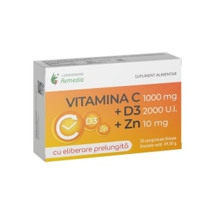 Vitamina C 1000 mg + D3 2000 UI+ Zinc 10 mg cu eliberare prelungita, 30 comprimate, Remedia