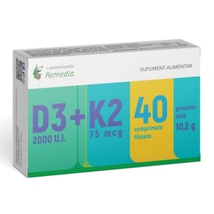 Vitamina D3 2000 UI + Vitamina K2 75 mcg, 40 comprimate, Remedia