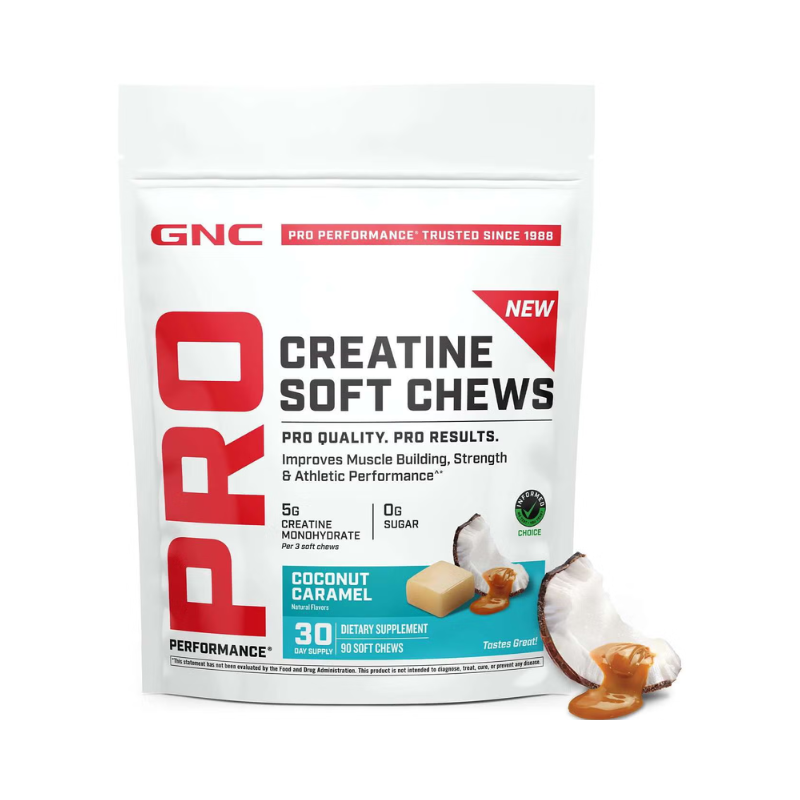 Creatina monohidrata cu aroma de cocos si caramel Pro Performance, 90 caramele, GNC
