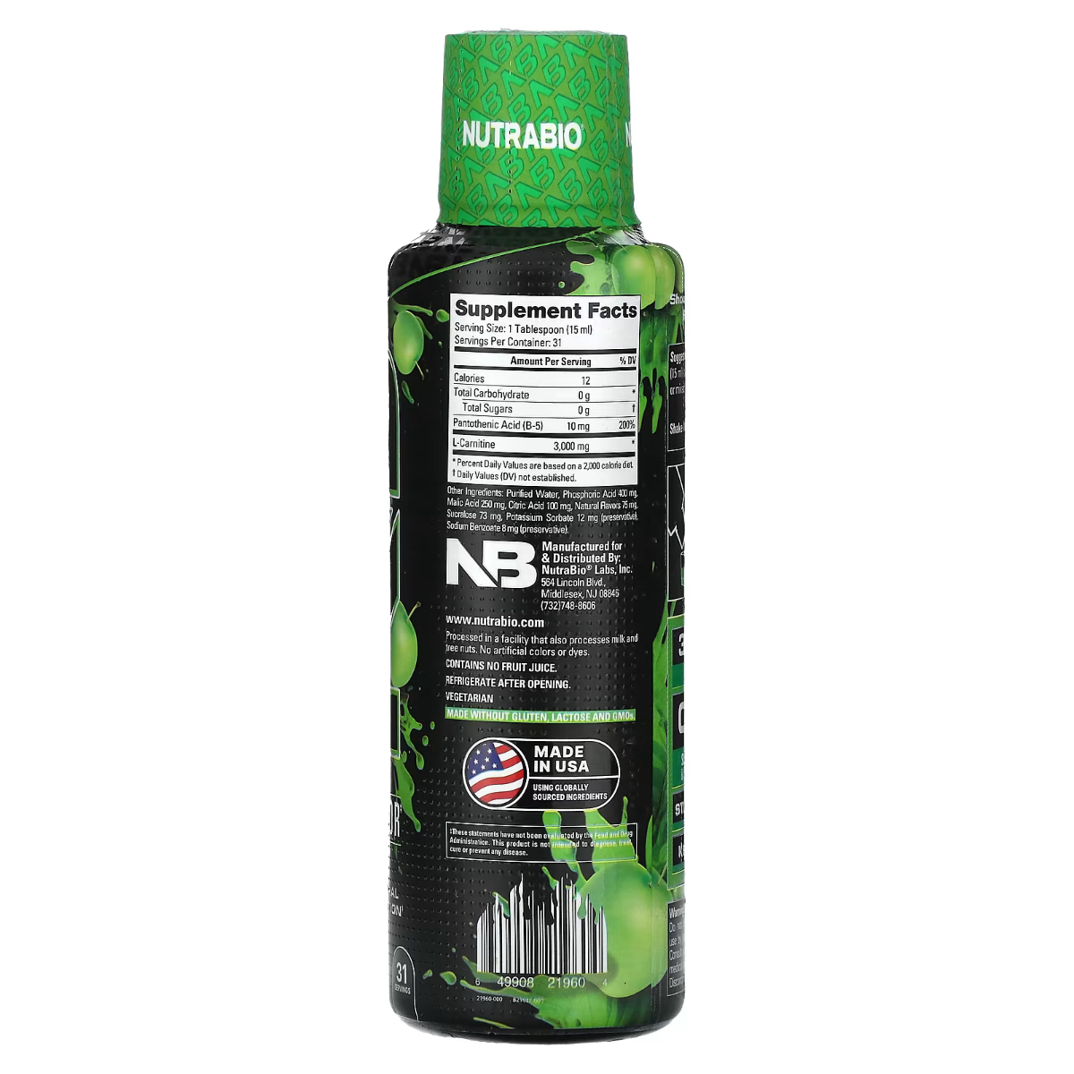 L-carnitina lichida cu aroma de punch de mar verde Nutrabio, 473 ml, GNC