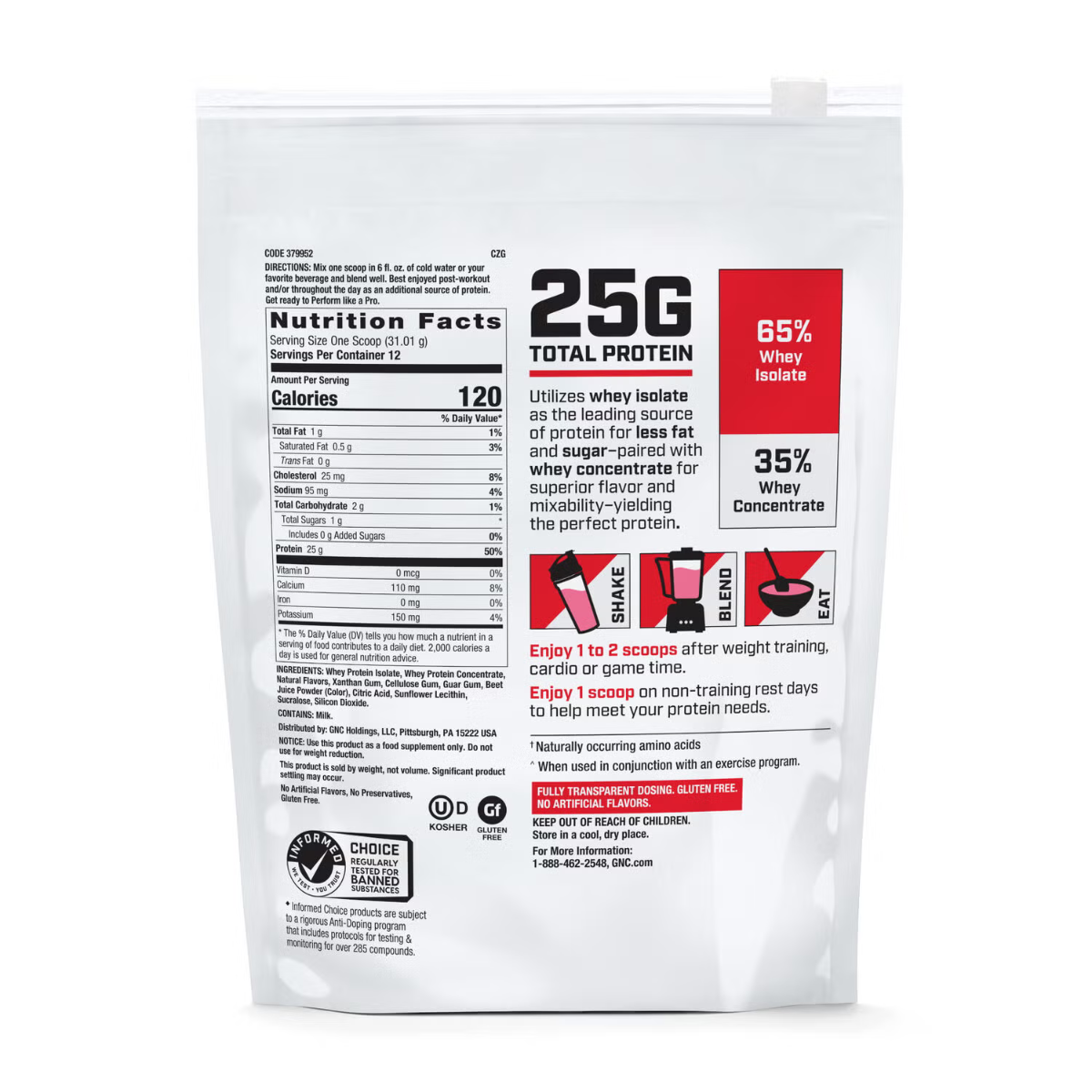 Proteina din zer testata antidoping cu aroma de capsuni Pro Performance, 372 g, GNC