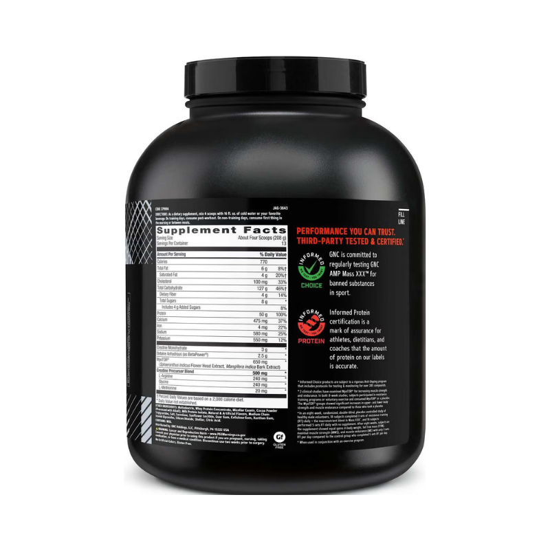 Gainer proteic cu aroma de ciocolata, AMP Mass XXX, 2704 g, GNC Gainer proteic cu aroma de ciocolata, AMP Mass XXX, 2704 g, GNC