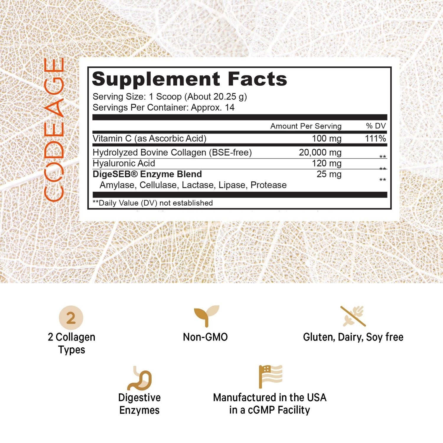 Colagen hidrolizat cu vitamina C si acid hialuronic, 283 g, Code Age Colagen hidrolizat cu vitamina C si acid hialuronic, 283 g, Code Age