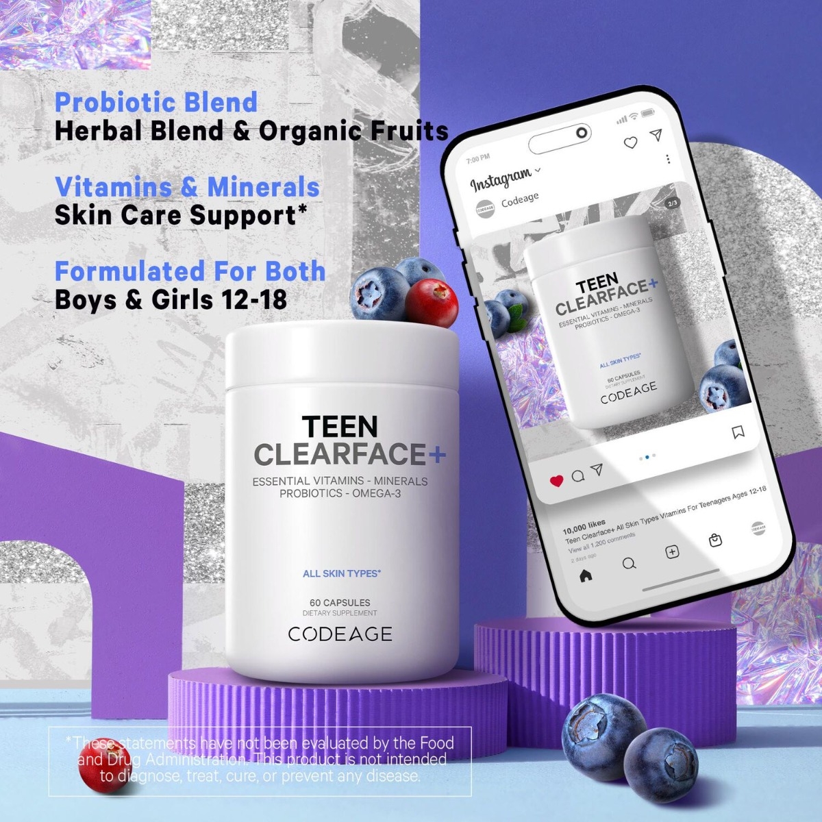 Multivitamine pentru adolescenti pentru ten sanatos CodeAge, 60 capsule, GNC