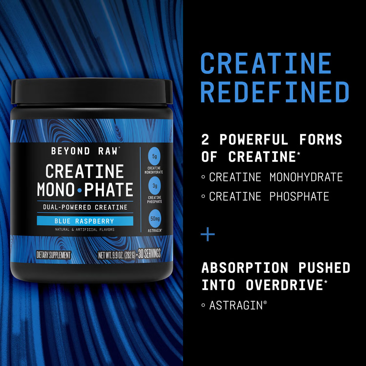 Formula inovatoare cu creatina monofosfat cu aroma de zmeura albastra Beyond Raw, 282 g, GNC