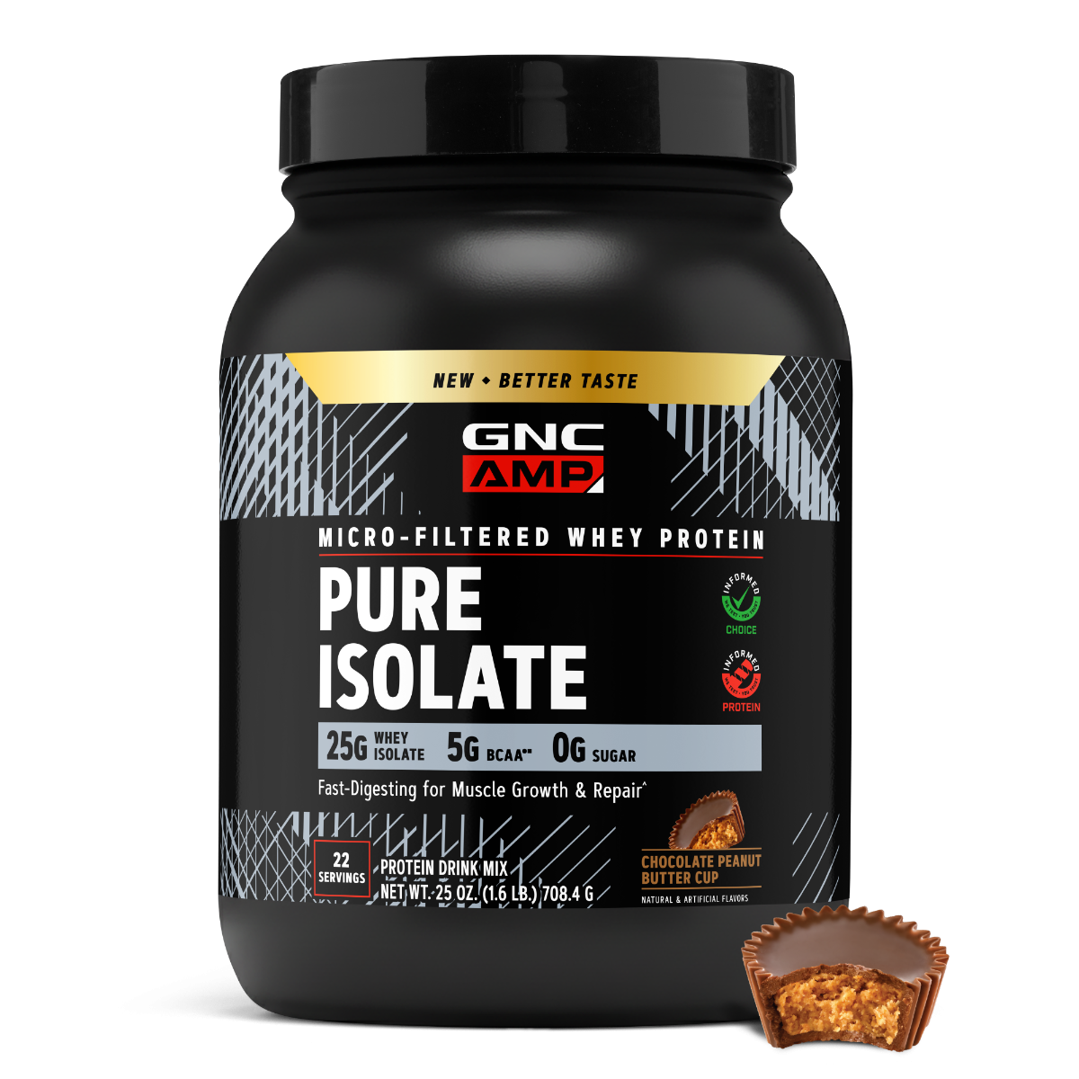 Proteina izolata din zer cu aroma de ciocolata si unt de arahide AMP Pure Isolate, 708.4 g, GNC Proteina izolata din zer cu aroma de ciocolata si unt de arahide AMP Pure Isolate, 708.4 g, GNC