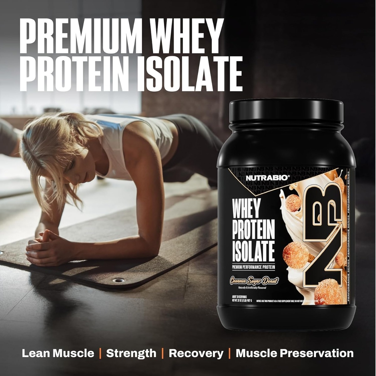 Izolat proteic din zer cu aroma de de gogosi cu scortisoara si zahar Nutrabio, 907 g, GNC