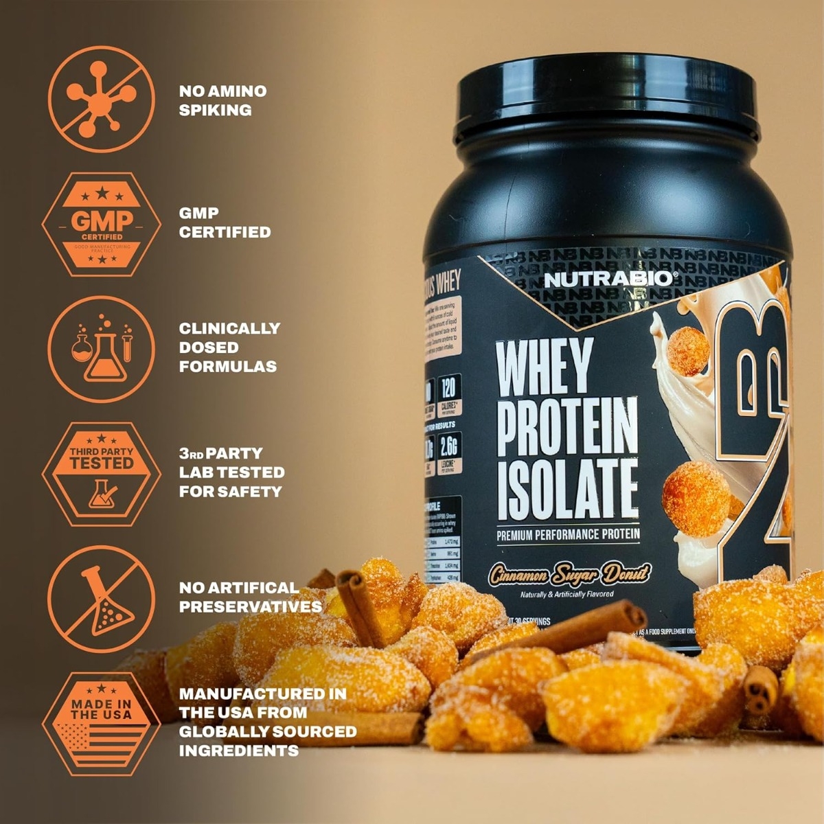 Izolat proteic din zer cu aroma de de gogosi cu scortisoara si zahar Nutrabio, 907 g, GNC