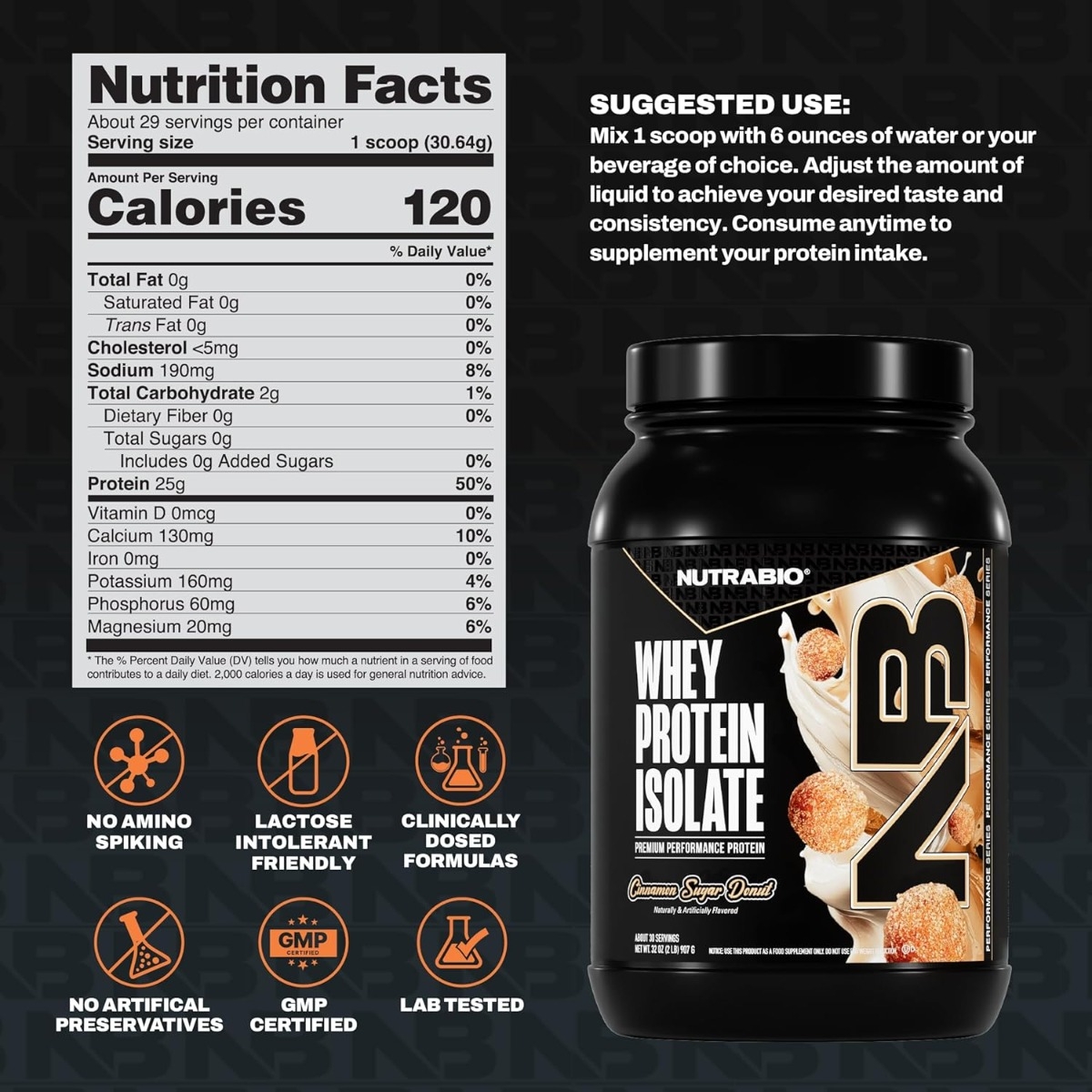 Izolat proteic din zer cu aroma de de gogosi cu scortisoara si zahar Nutrabio, 907 g, GNC