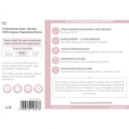 Absorbante din bumbac organic Super, 10 bucati, Enroush Absorbante din bumbac organic Super, 10 bucati, Enroush