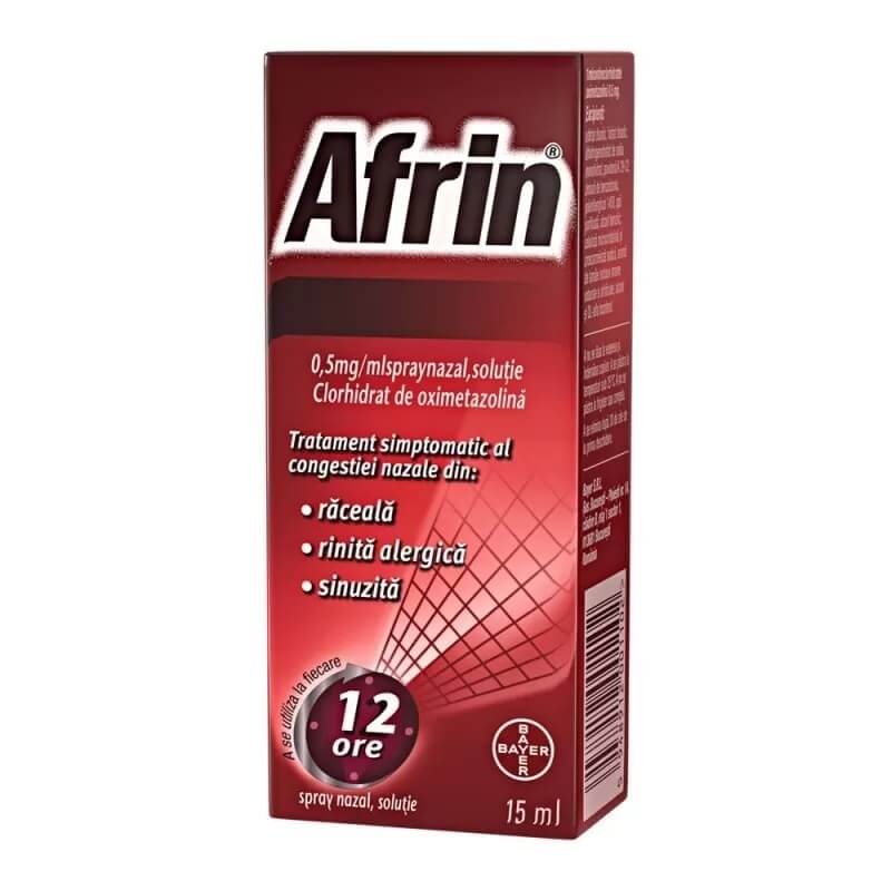 Afrin decongestionant nazal spray, 0,5 mg/ml, 15 ml, Bayer Afrin decongestionant nazal spray, 0,5 mg/ml, 15 ml, Bayer
