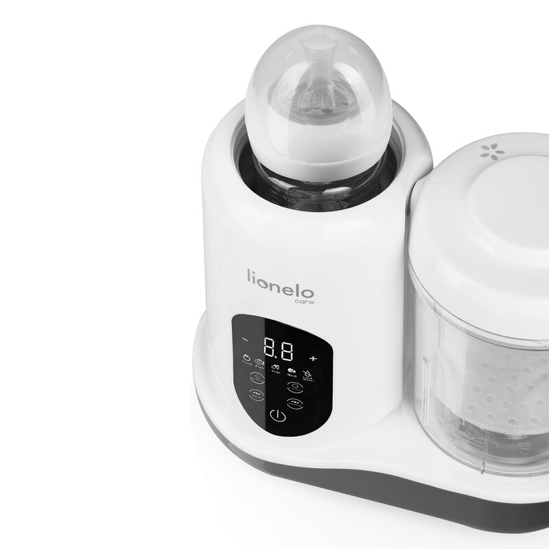 Aparat de gatit, Lionelo, BabyMenu, 5 in 1, Cu functii de gatire la abur, dezghetare, amestecare, incalzire si sterilizare, Cu recipient din tritan, Include meniu cu retete, Personalizare setari, Alb