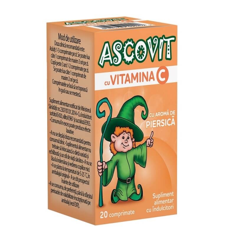 Ascovit cu Vitamina C aroma de piersica, 20 comprimate, Perrigo