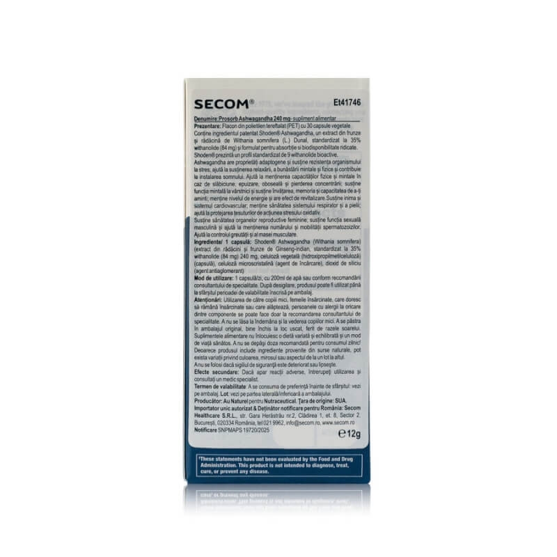 Ashwagandha Prosorb 240 mg Solaray, 30 capsule vegetale, Secom