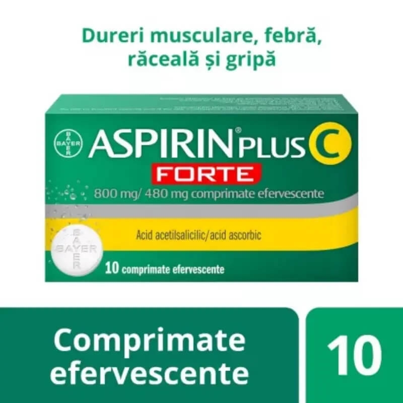 Aspirin Plus C Forte, 800 mg/480 mg, 10 comprimate efervescente, Bayer Aspirin Plus C Forte, 800 mg/480 mg, 10 comprimate efervescente, Bayer