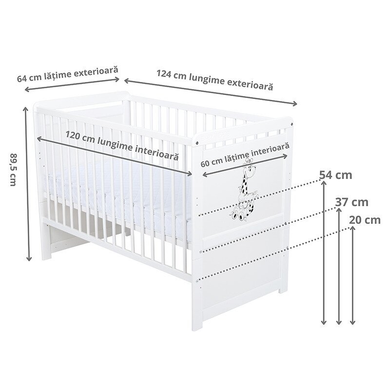 Babyneeds - Patut din lemn Nadia II Girafa 120x60 cm, multifunctional, Alb