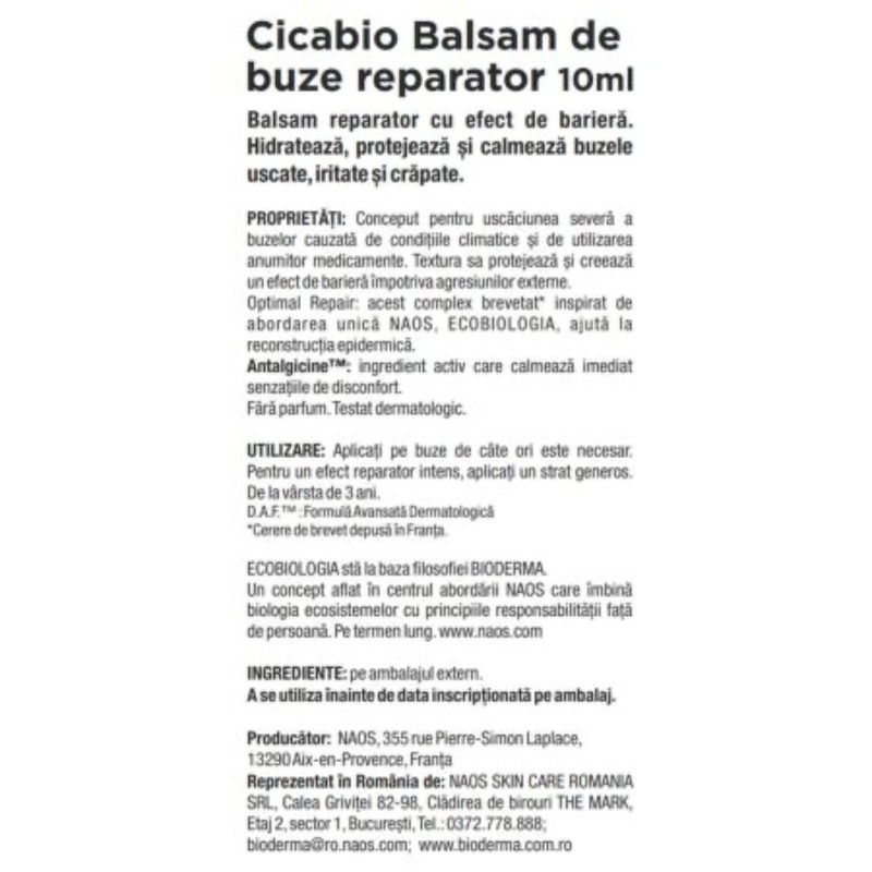 Balsam de buze reparator Cicabio, 10 ml, Bioderma
