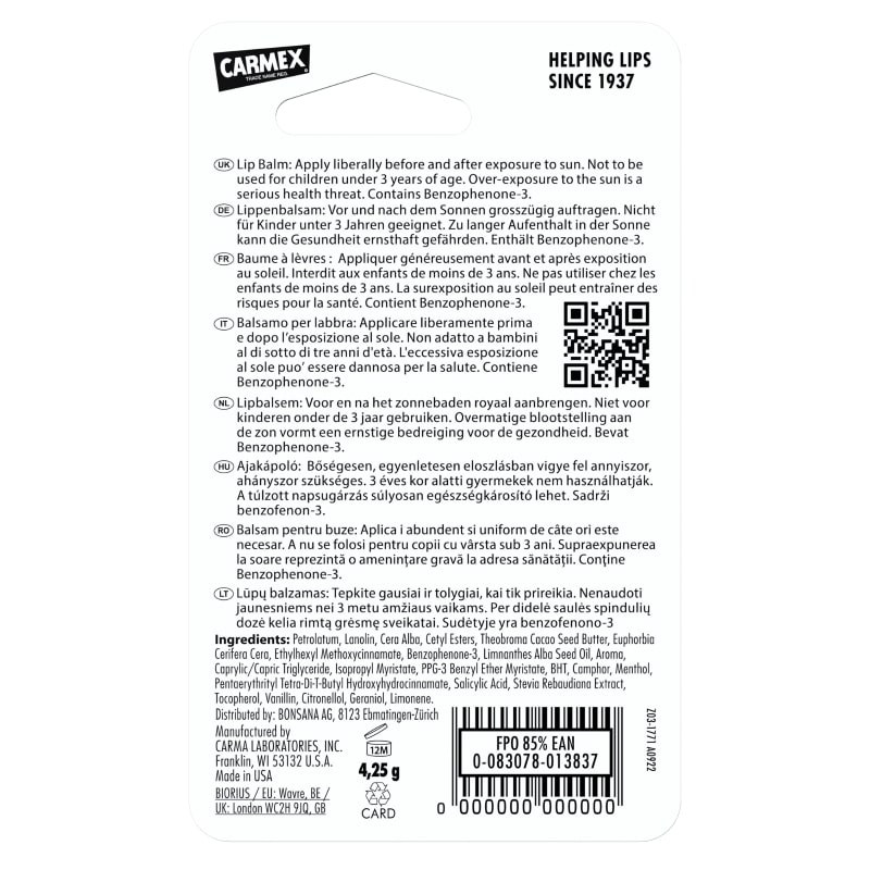 Balsam reparator pentru buze uscate si crapate SPF 15, 4.25 g, Carmex Balsam reparator pentru buze uscate si crapate SPF 15, 4.25 g, Carmex