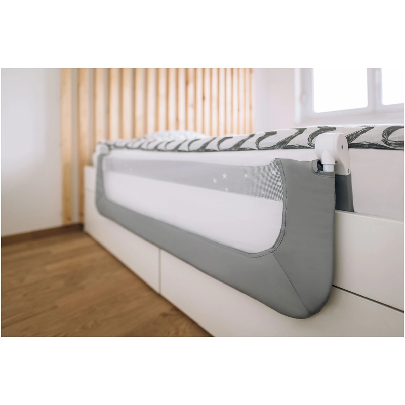 Bariera de protectie pentru pat bebe, Rabatabila, Instalare usoara, Dimensiune 135 x 57 cm, FreeON, Little Stars, Grey Bariera de protectie pentru pat bebe, Rabatabila, Instalare usoara, Dimensiune 135 x 57 cm, FreeON, Little Stars, Grey