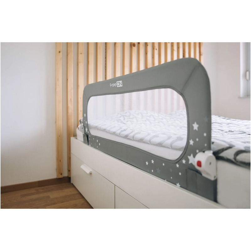 Bariera de protectie pentru pat bebe, Rabatabila, Instalare usoara, Dimensiune 135 x 57 cm, FreeON, Little Stars, Grey Bariera de protectie pentru pat bebe, Rabatabila, Instalare usoara, Dimensiune 135 x 57 cm, FreeON, Little Stars, Grey