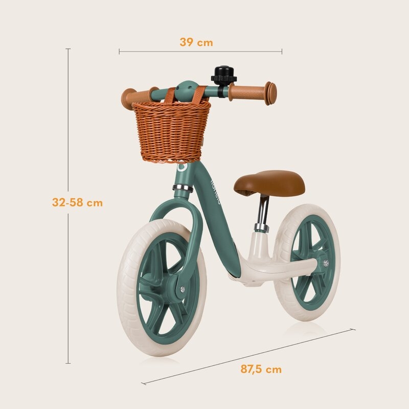 Bicicleta fara pedale, Lionelo, Alex Plus, Usoara, Cu ghidon si sa reglabile, Include cos depozitare si sonerie, Din otel, Cu roti din spuma EVA, 12 inch, Green Forest