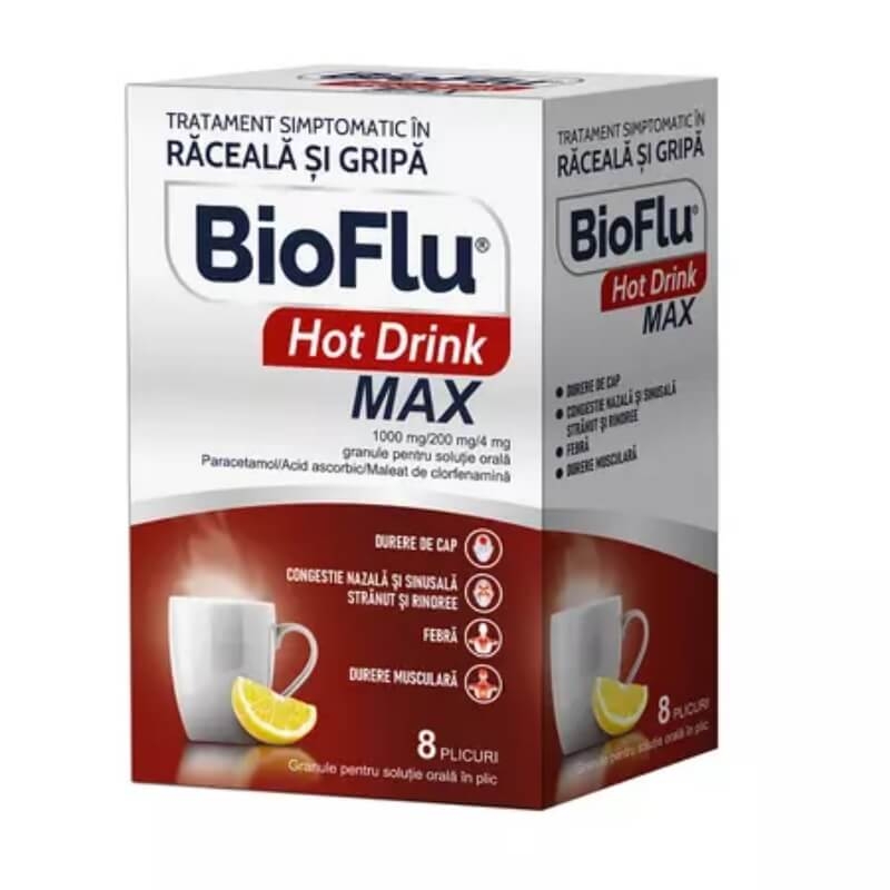 Bioflu Hot Drink Max 1000 mg/200 mg/4 mg granule pentru solutie orala, 8 plicuri, Biofarm Bioflu Hot Drink Max 1000 mg/200 mg/4 mg granule pentru solutie orala, 8 plicuri, Biofarm