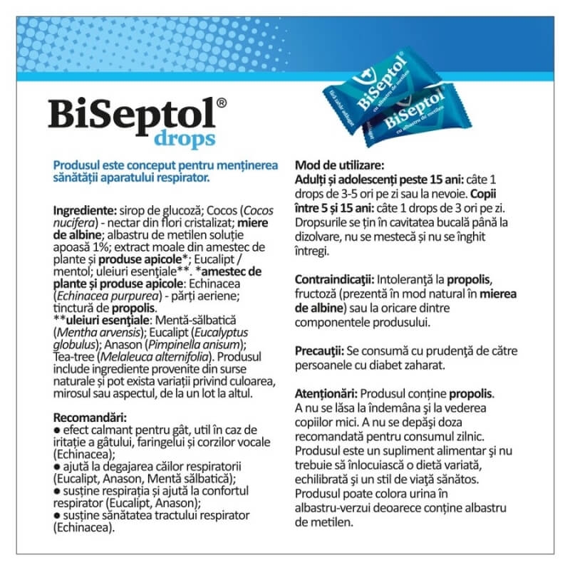 Biseptol dropsuri cu albastru de metilen si echinacea, 20 bucati, Dacia Plant