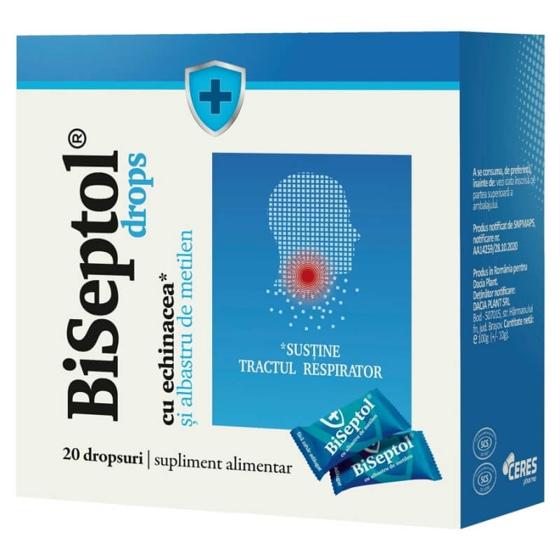 Biseptol dropsuri cu albastru de metilen si echinacea, 20 bucati, Dacia Plant