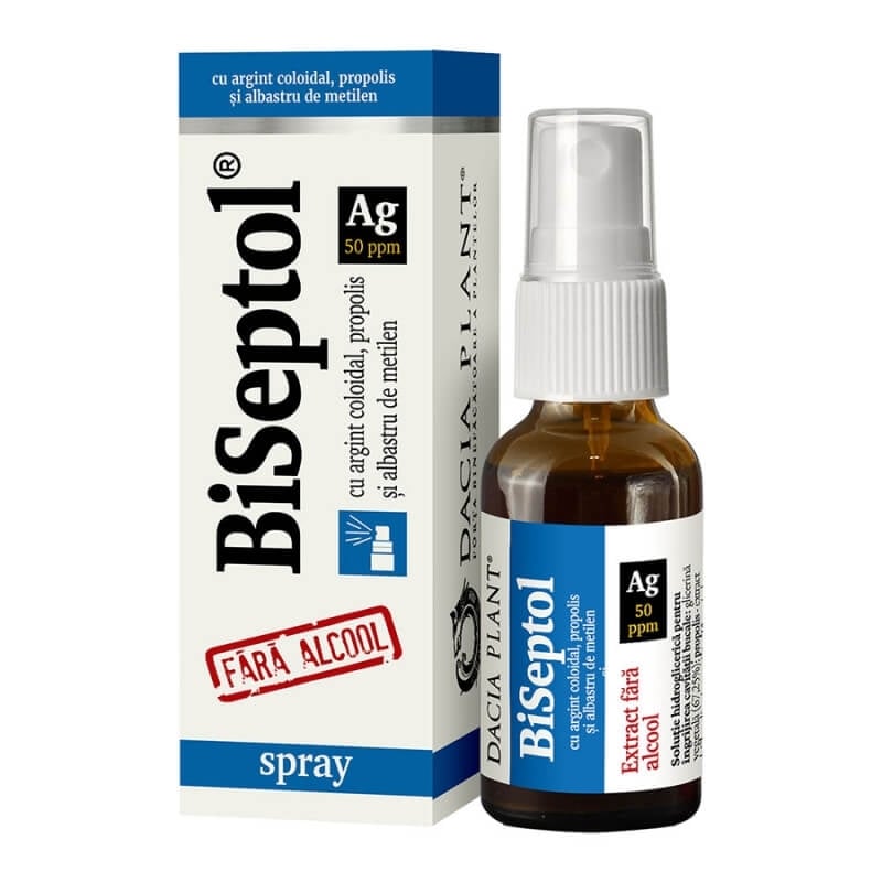 Biseptol spray cu albastru de metilen, argint coloidal si propolis, 20 ml, Dacia Plant Biseptol spray cu albastru de metilen, argint coloidal si propolis, 20 ml, Dacia Plant