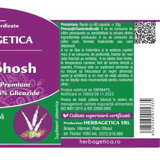 Black Cohosh, 60 capsule, Herbagetica Black Cohosh, 60 capsule, Herbagetica