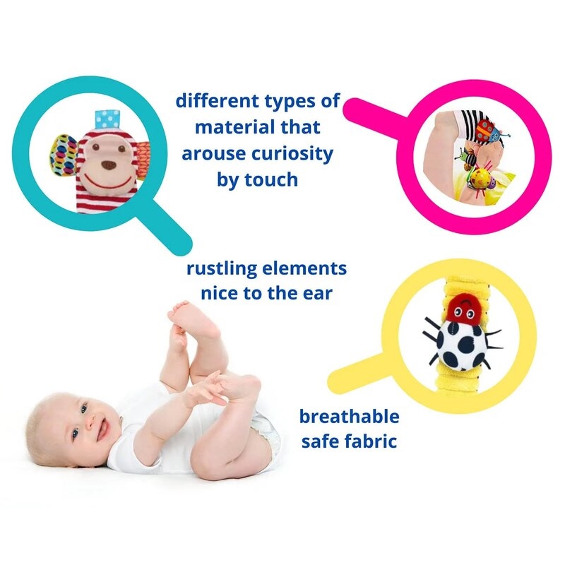 Botosei si bratari cu zornaitoare, Animalute dragute pentru bebelusi, Set 4 piese, 2 pentru maini si 2 pentru picioare, Jungle Wrist Rattle and Foot Finder, Playgro