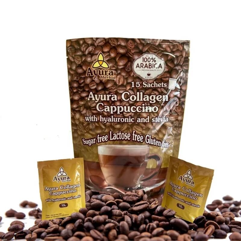 Cafea cu colagen si acid hialuronic Collagen Capuccino, 15 plicuri, Ayura Herbal