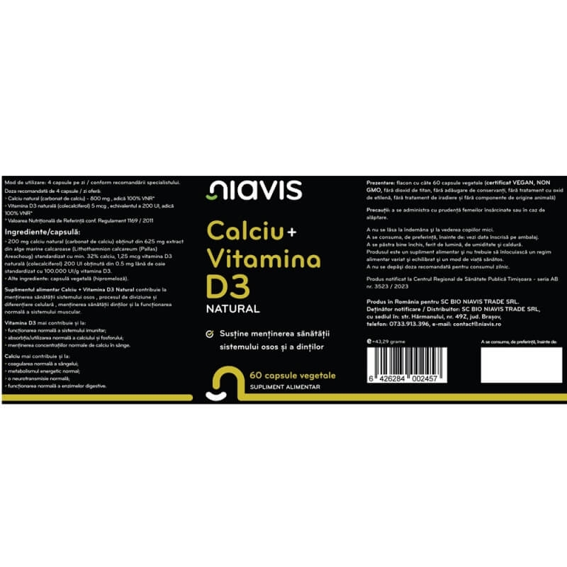 Calciu + Vitamina D3 Natural, 60 capsule, Niavis