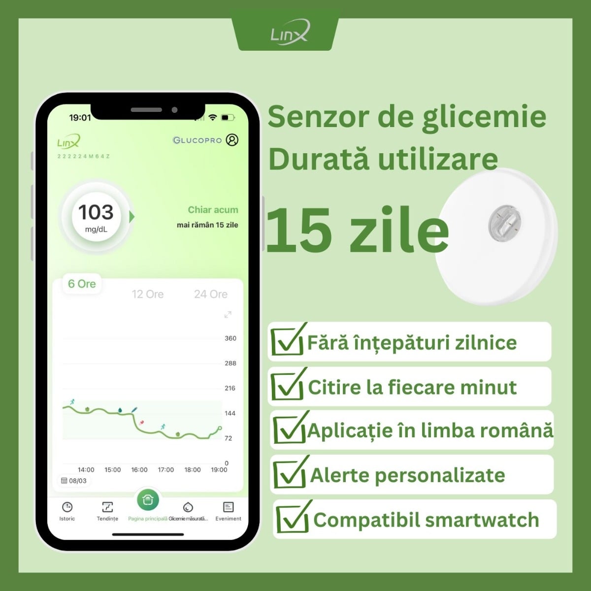 Senzor monitorizare glicemie 1 bucata + 1 plasture cadou, Linx