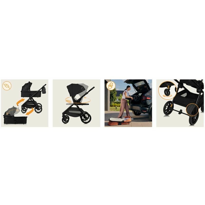 Carucior 2 in 1, Lionelo, Layla, Pana la 22 kg, Cadru aluminiu, Cu landou intarit si salteluta din spuma AirDots, Reversibil, Cu ventilatie 3D, Cu accesorii, EN1888-1, EN1888-2, EN1466, Negru